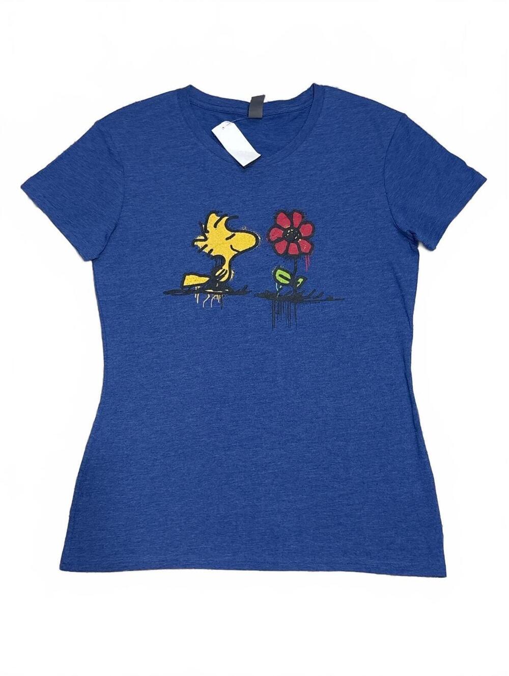 Instant Message Ladies Small Blue Graphic T-Shirt with Woodstock and Flower